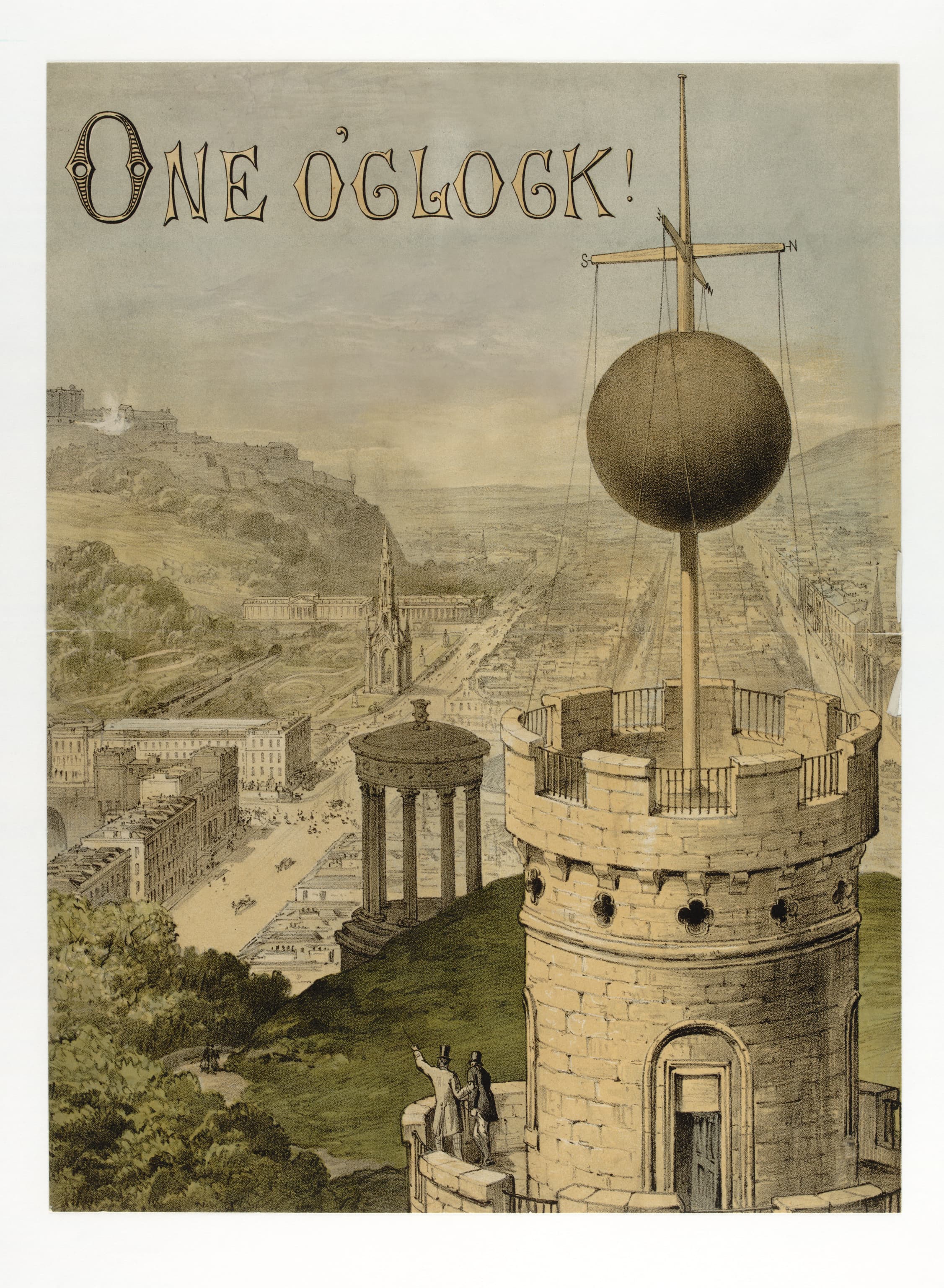 An Illustration of a tower topped with a ball, showcasing its architectural design. Edinburgh Castle is in the background.
