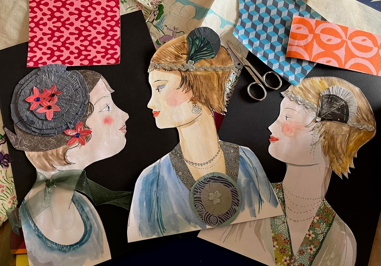 Paper collages of womens heads in 1920's fashion