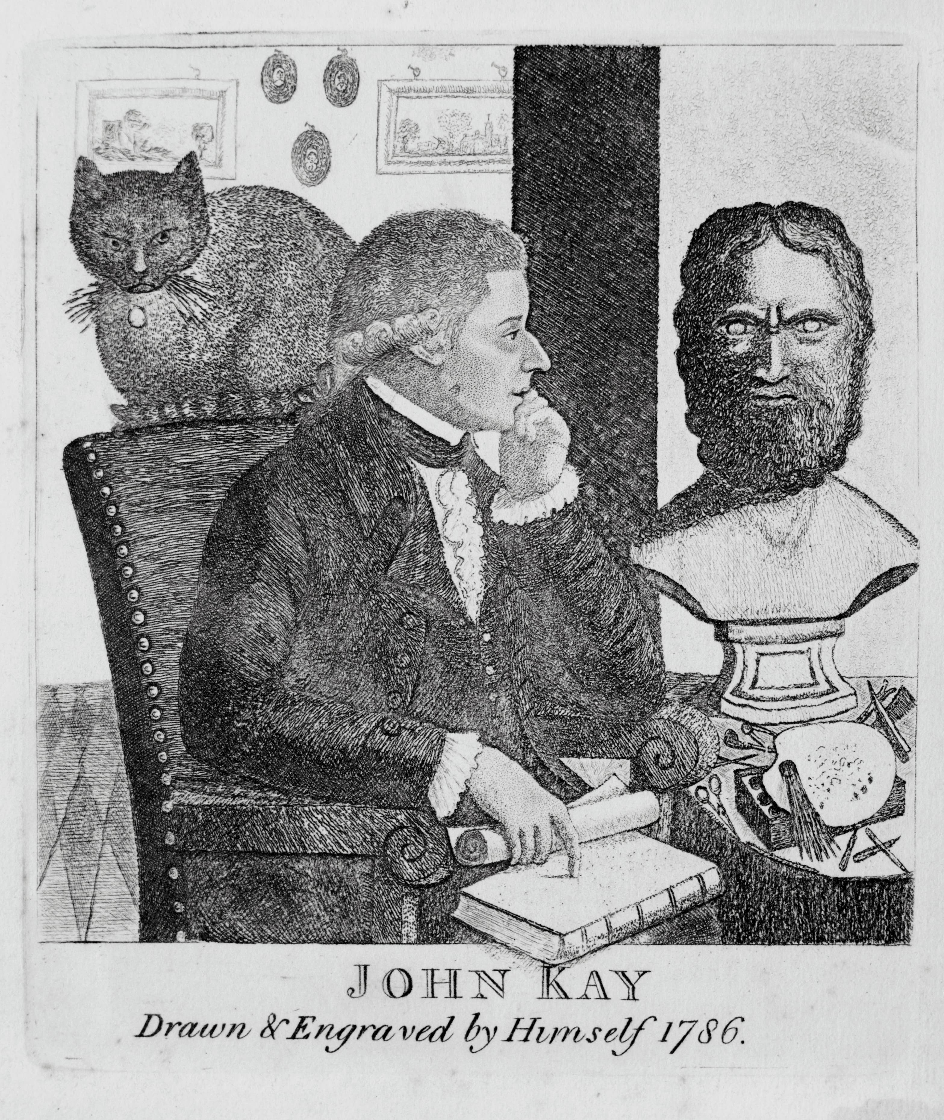 Engraving by John Kat of a man and a cat