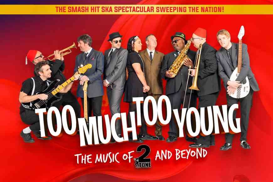 Photograph of band members from 'Too Much Too Young' against a red background