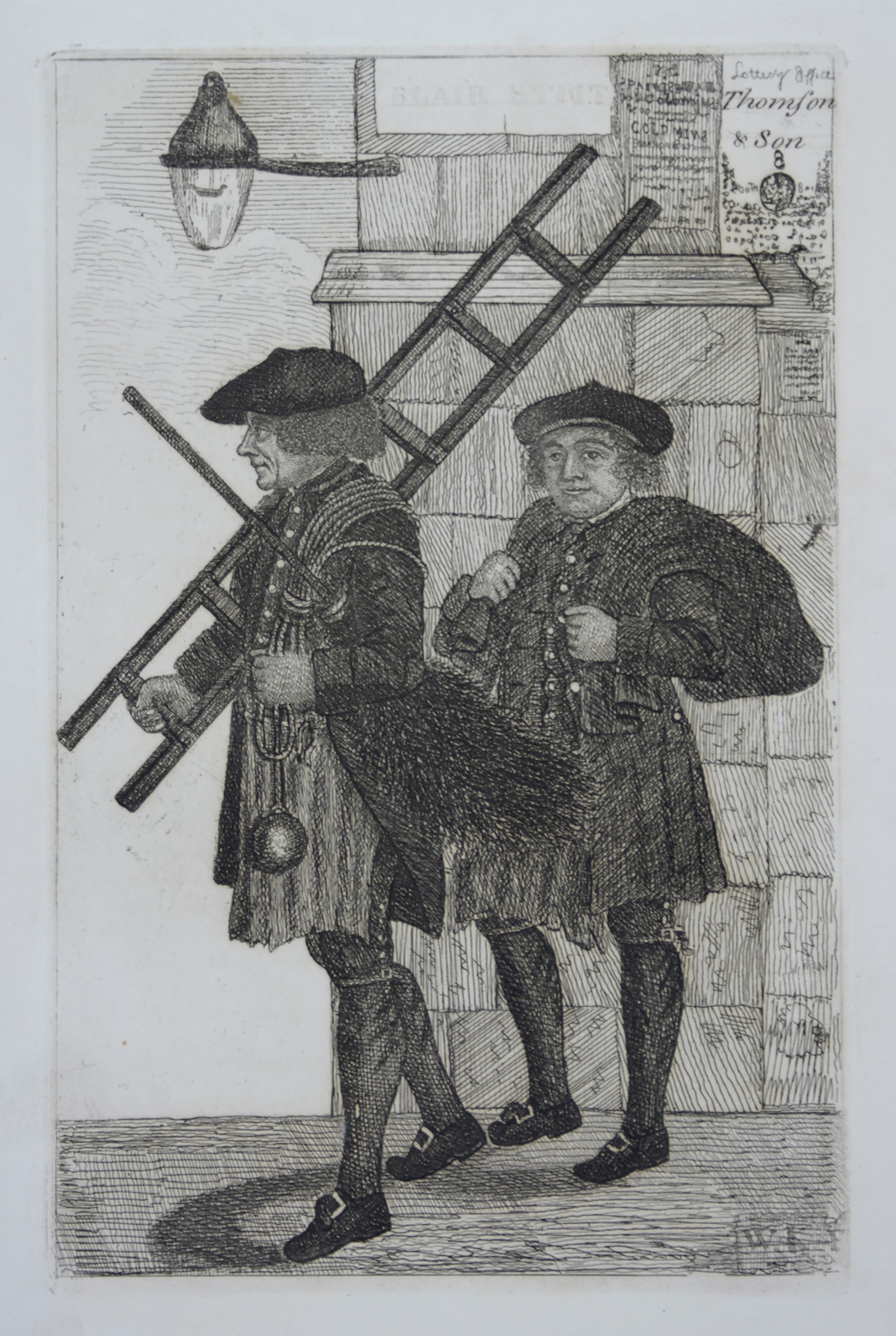 An engraving of two men in kilts , one holding a ladder