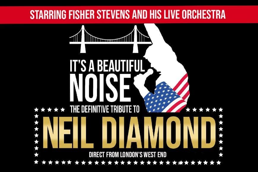 A white silhouette of Neil Diamond against a black background with the American flag draped over him in front of the Brooklyn Bridge.