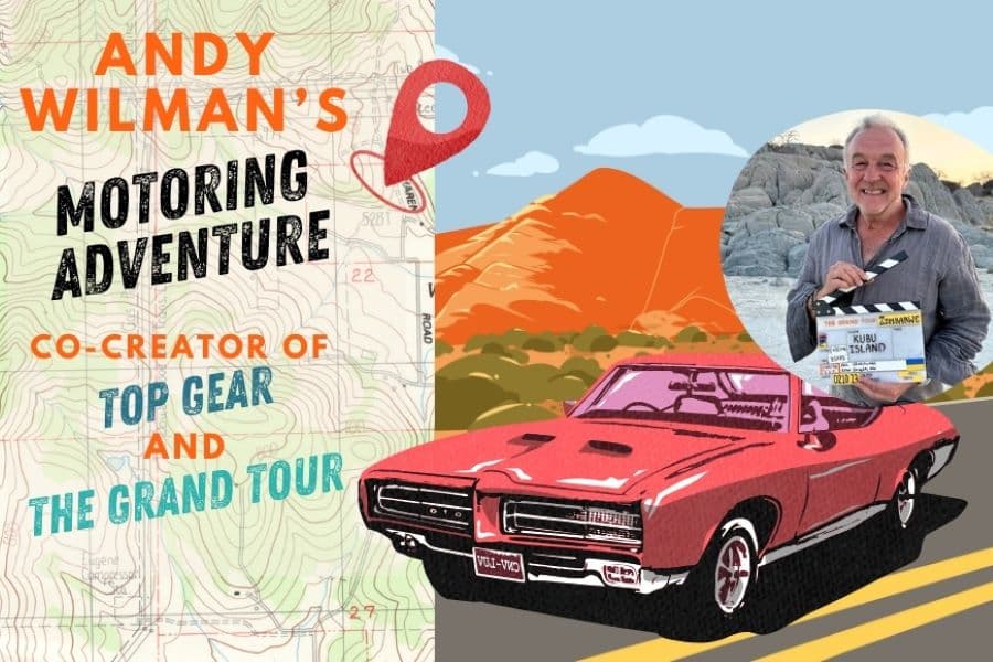 Image shows illustration of car on road with red mountain backdrop