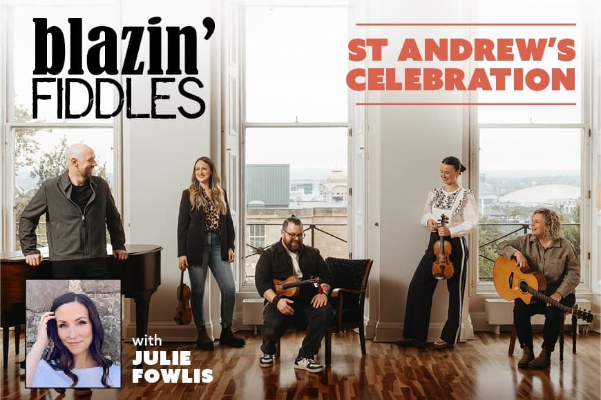Juliu Fowlis joins Blazin' Fiddles on stage, creating an energetic atmosphere filled with captivating music.