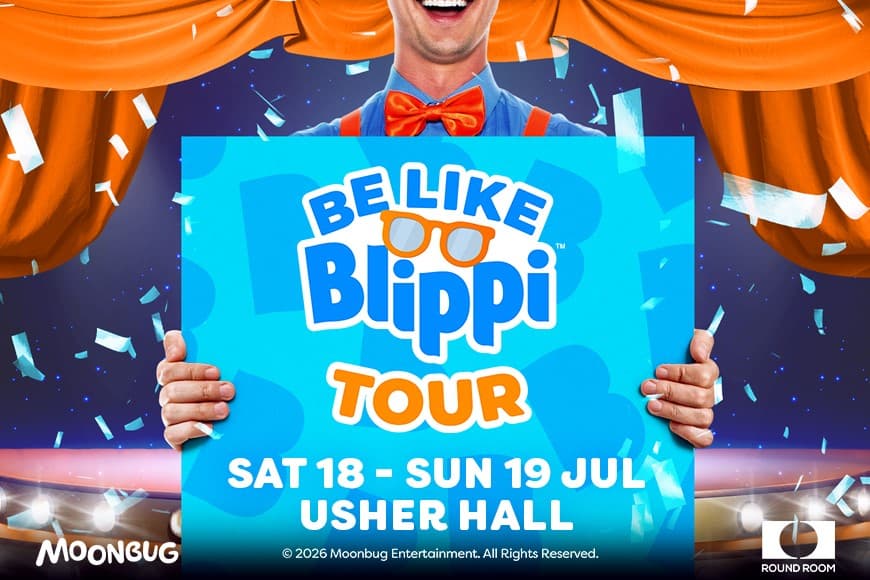 Illustration of someone holding a sign adverting the show name and date