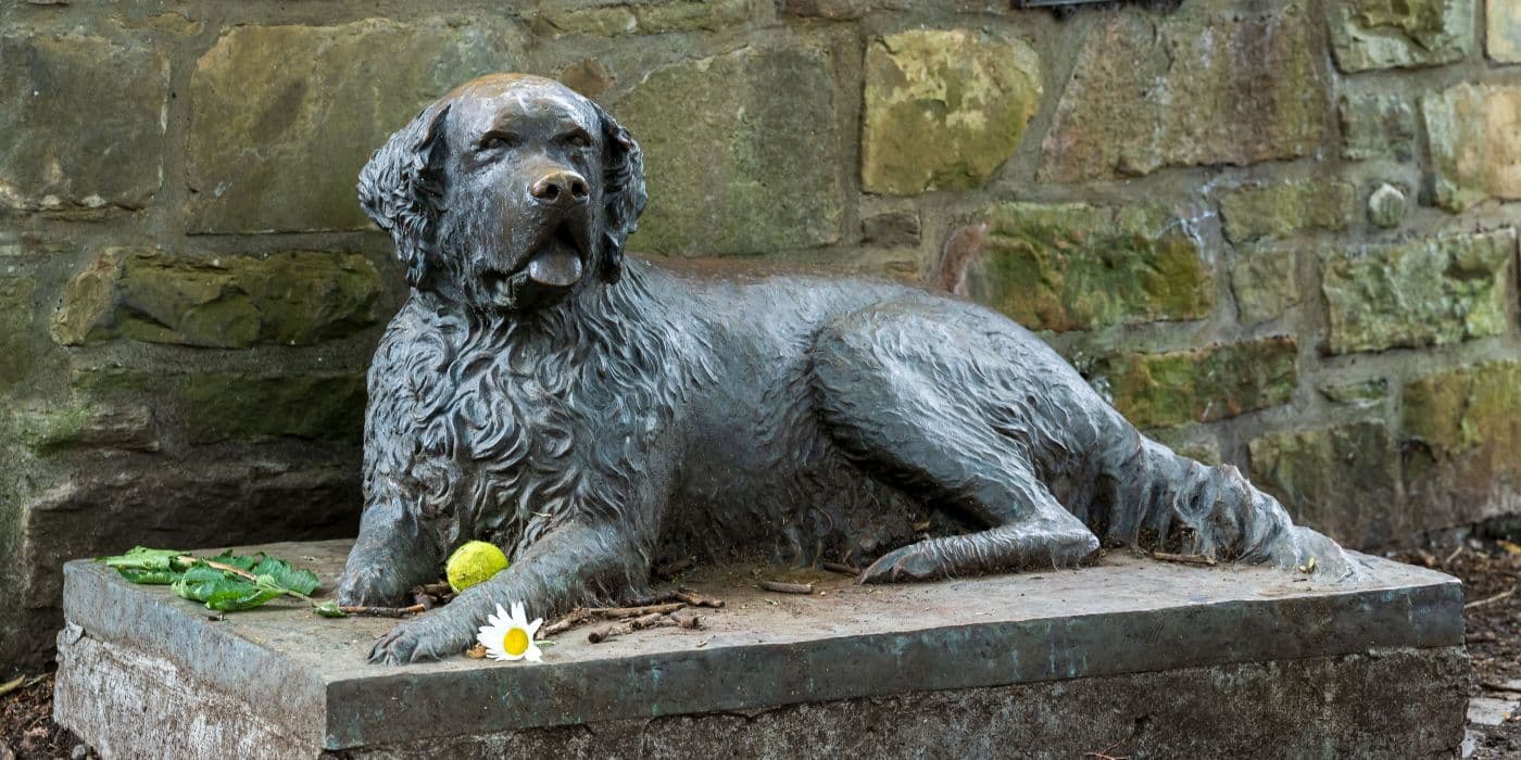 Statue of a dog with a sunflower at the foot