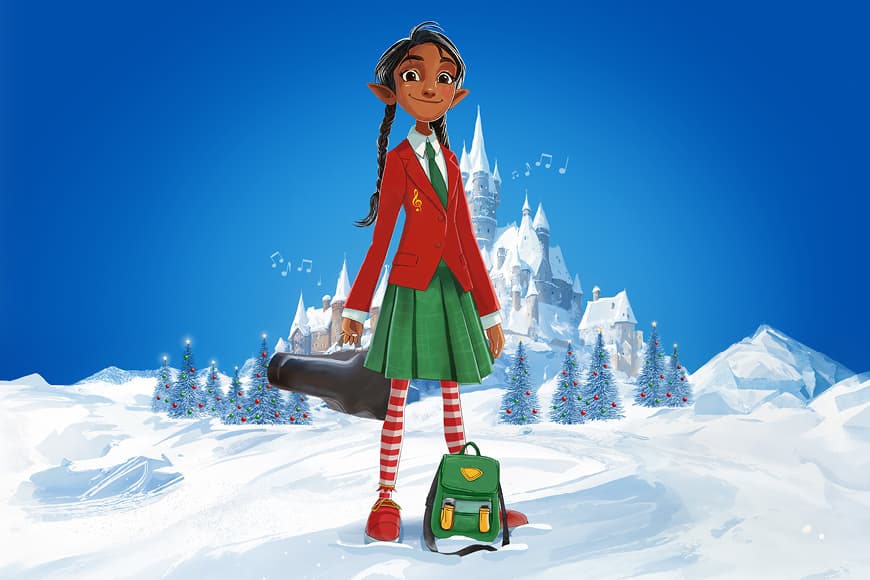 Cartoon image of an elf dressed in their academy uniform with their packback at their feet and a voilin case in their hand.
