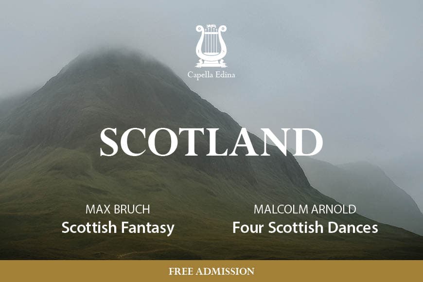 Misty Scottish mountain with Capella Edina logo and text saying Scotland on top
