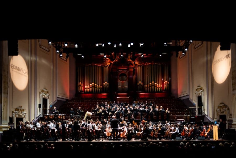 Image shows orchestra on stage at the usher hall