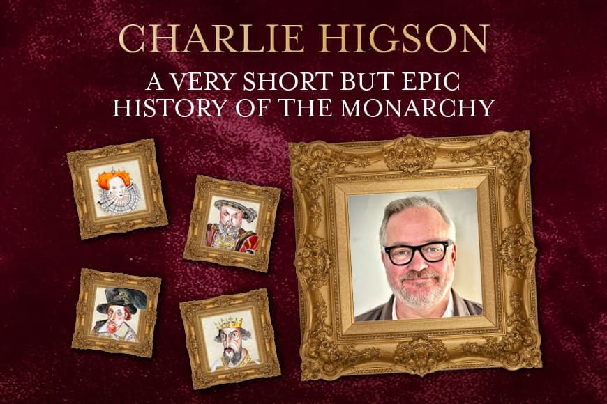 An image containing 5 ornate photo frames filled with a picture of Charlie Higson and previous english monarch's 