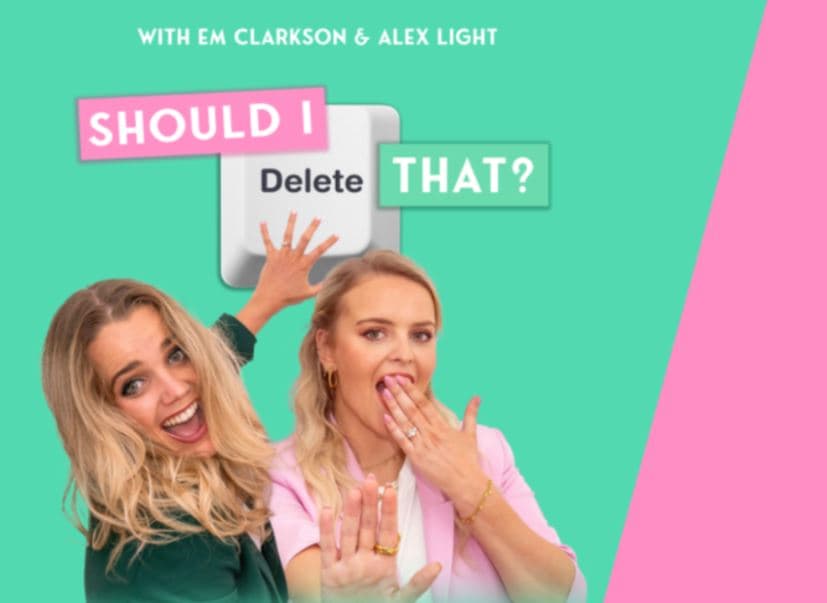 Hosts of Should I Delete That on mint green and pale pink background