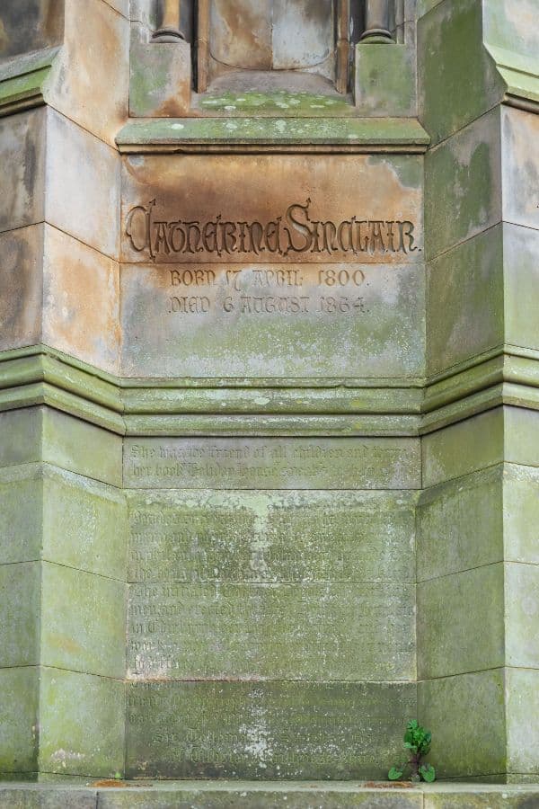 Engraved writing on Catherine Sinclair monument