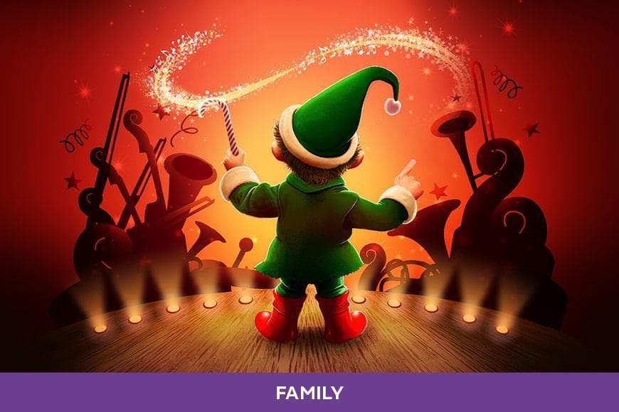 Cartoon elf on stage conducting orchestra, we can only see the shadows of the instruments