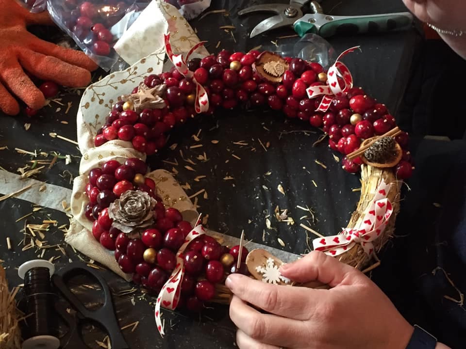 Wreath made with cranberries and ribbon