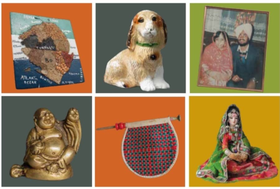 A collection of items displayed in a collage format including a dog ornament, a gold buddah and a couple in a photograph displayed in a frame.