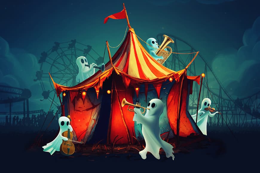 Cartoon image of ghosts playing musical instruments round a carnival tent