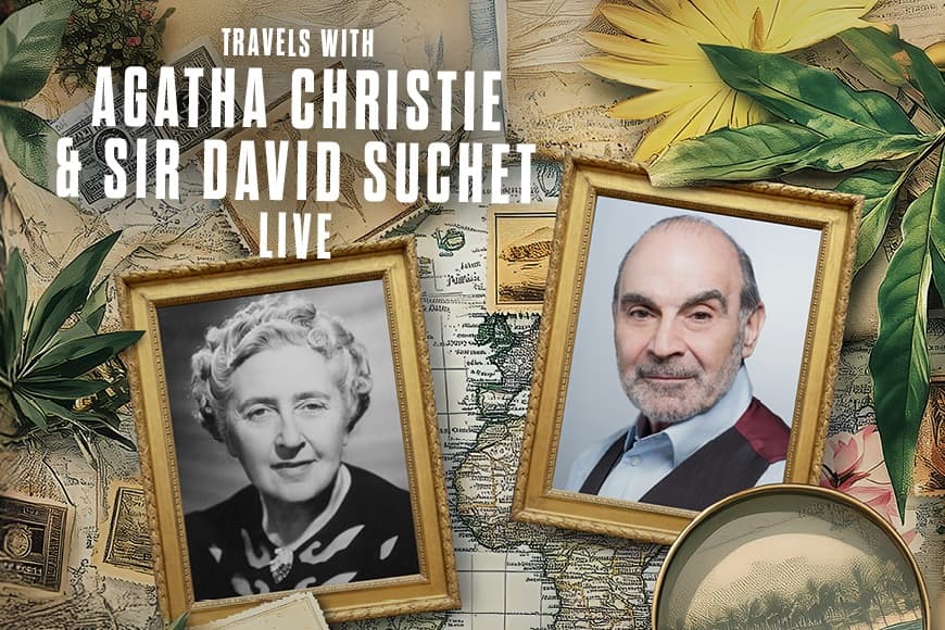 Head shots of David Suchet and Agatha Christie in gold photo frames with a world map in the background