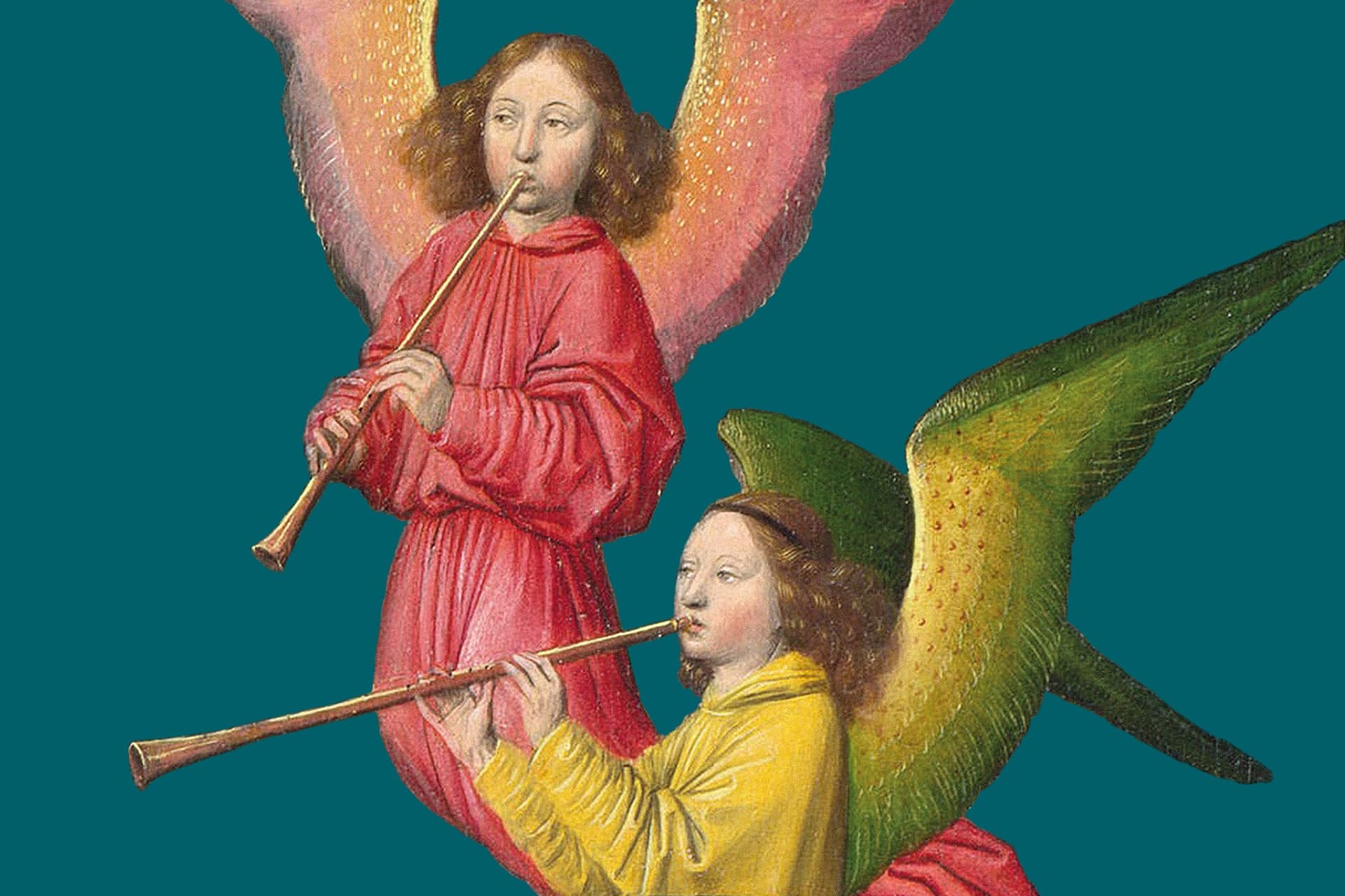 Two angels playing trumpets
