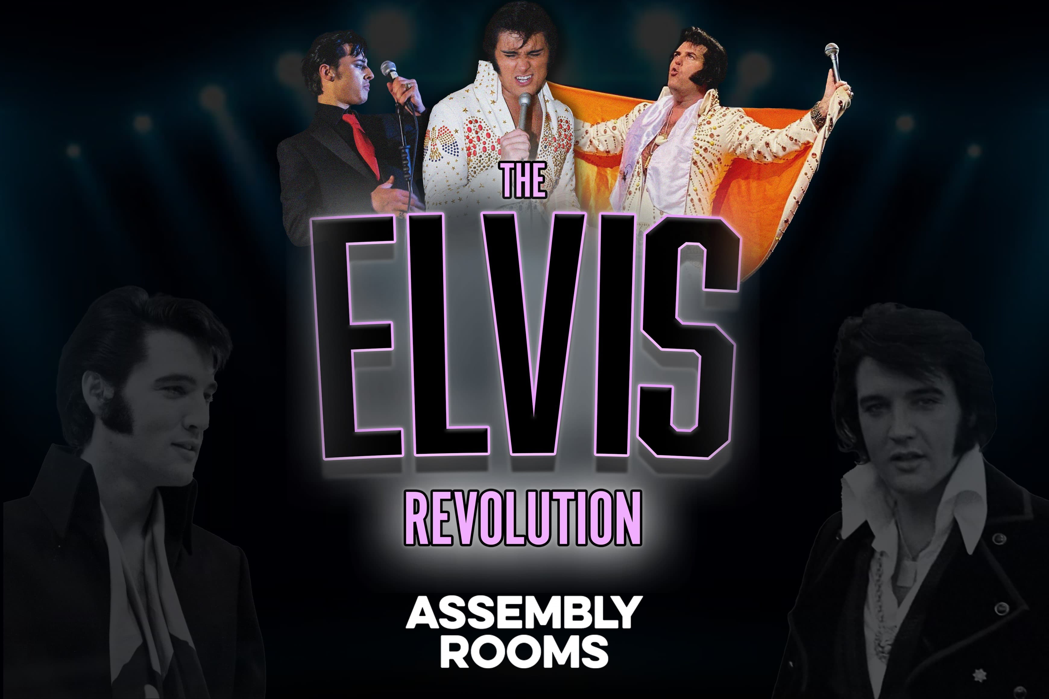 Three images of the Elvis tribute performer on stage singing in various outfits