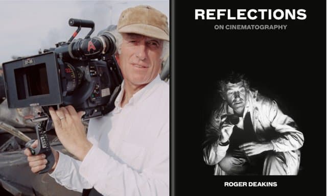 Picture of Roger Deakins with vidoe camera on one side and a cover of his latest book