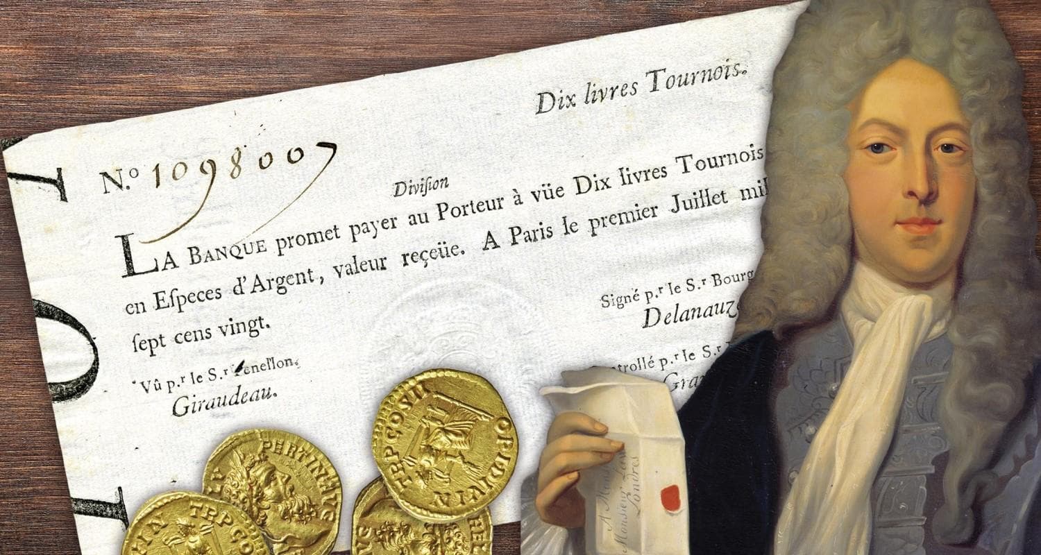 Illustration of Scottish economist John Law in the 18th century surrounded by gold coins  