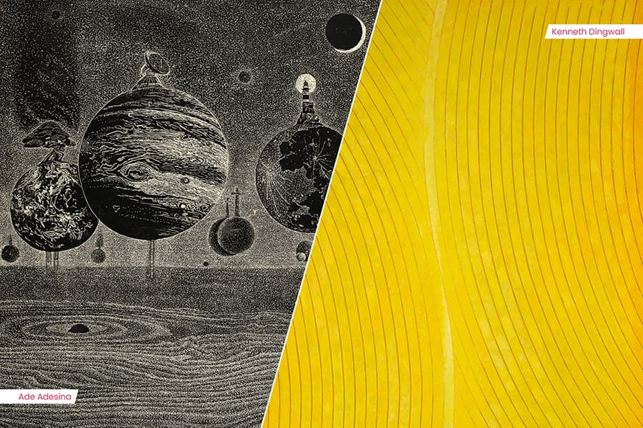 A vibrant yellow abstract pattern by artist Kenneth Dingwall and a striking black and white illustration by artist Ade Adesina 