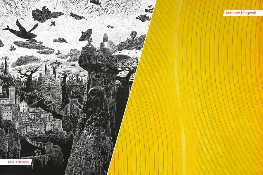 On the right, a bright yellow abstract piece of artwork by artist Kenneth Dingwall. On the left, a black and white linocut print depicting a fantastical landscape of tall cliffs, trees and buildings. Contains details including, train-tracks, cable cars, bridges, a lighthouse, satellite dish and flying creatures.