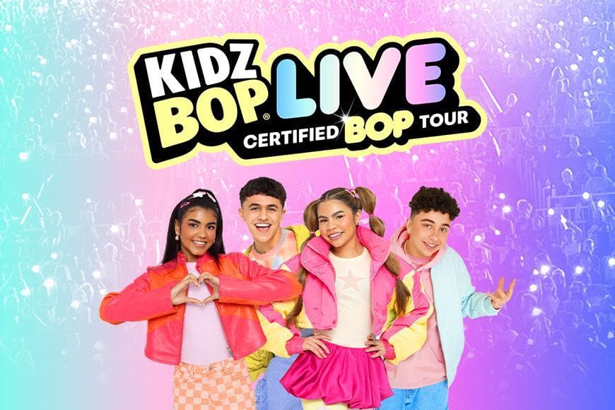Kidz Bop cast on pink and purple sparkly background