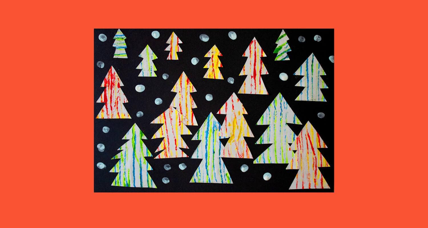 Handmade colourful Christmas trees made out of paper and featured on a black background