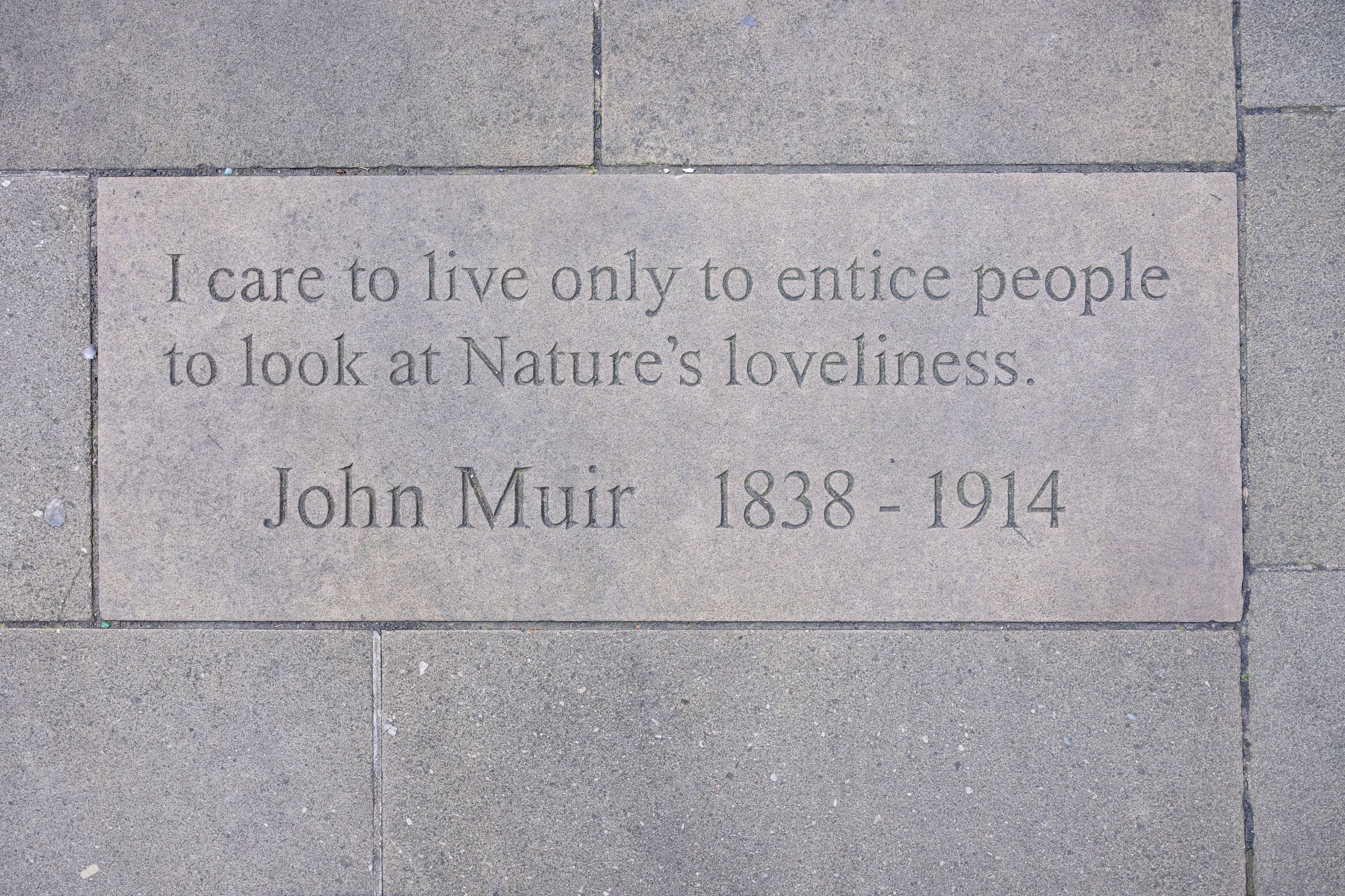 A inscription in stone. Showing a quote from John Muir 1838 - 1914