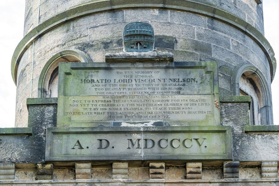 Engraved writing paying tribute on the side of the Nelson Monument