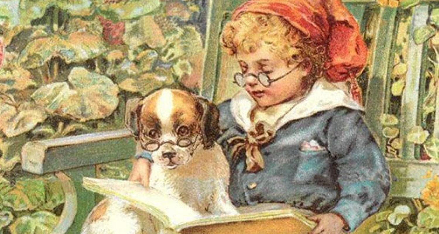 Vintage illustration of a child and dog sitting on a wooden chair reading a large book. Both the child and the dog wear a pair of glasses