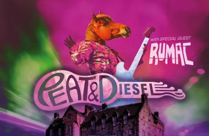 Guitarist wearing horses head and logo for Peat and Diesel 