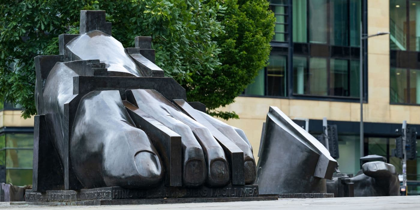 Large sculpture of a foot and other abstract objects