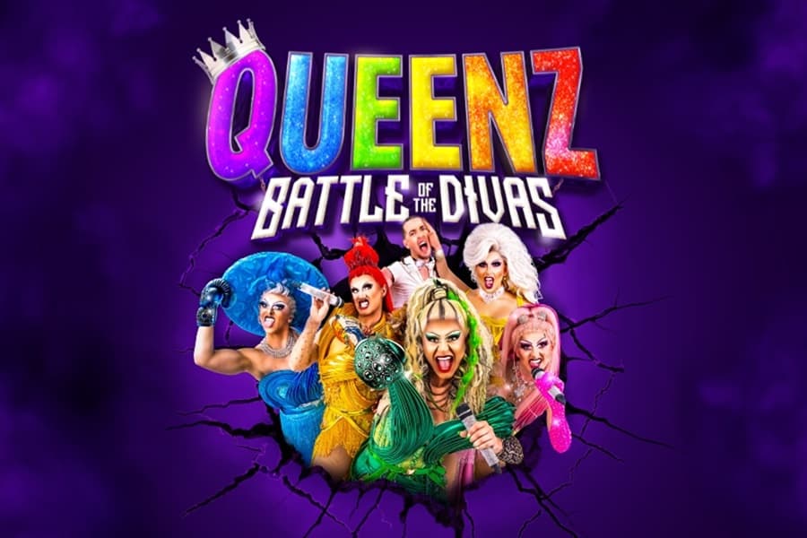 Image shows drag queens posing under title that reads Queens Battle of the Divas