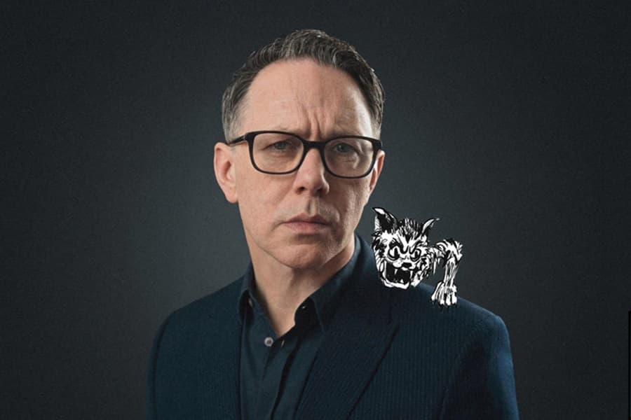 Image shows Reece Shearsmith with cartoon devil on right shoulder