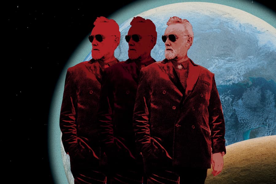 Triple image of Roger Taylor standing in front of an view of Earth from space