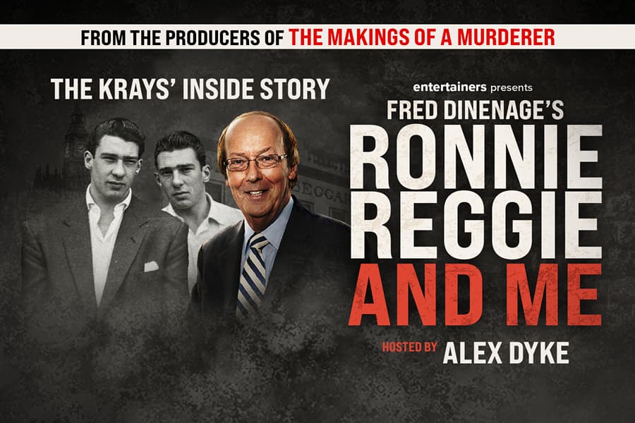 Black and white photo of the Kray Brothers in the background of a photo of Fred Dinenage