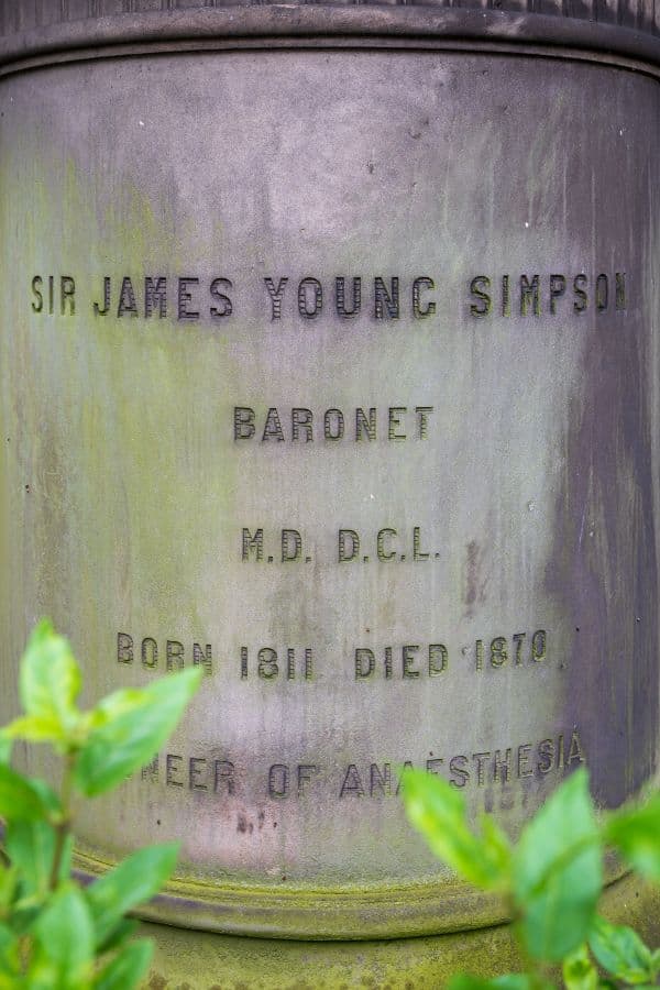Engraved writing on Sir James Young Simpson statue