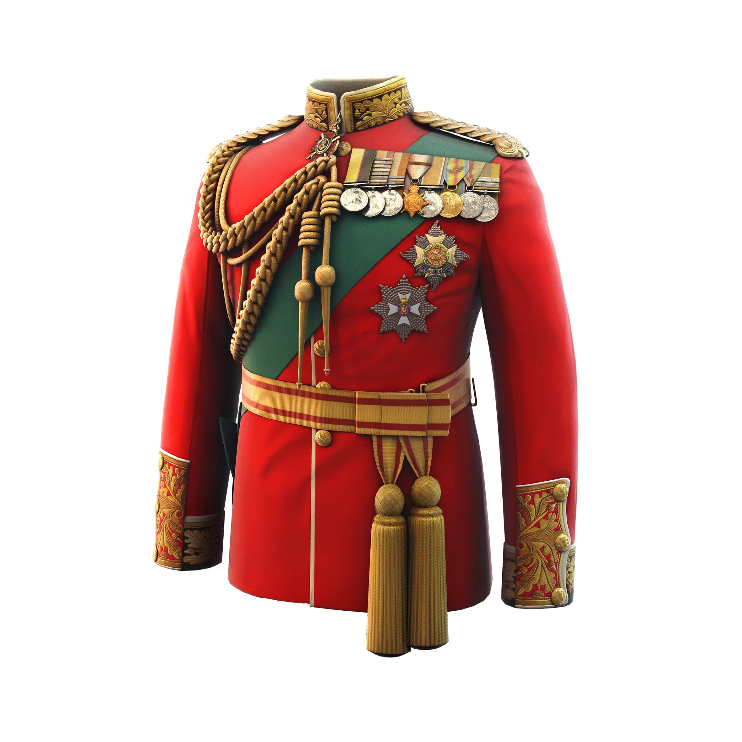 A striking red uniform featuring gold trim and an array of medals, representing military or ceremonial distinction.