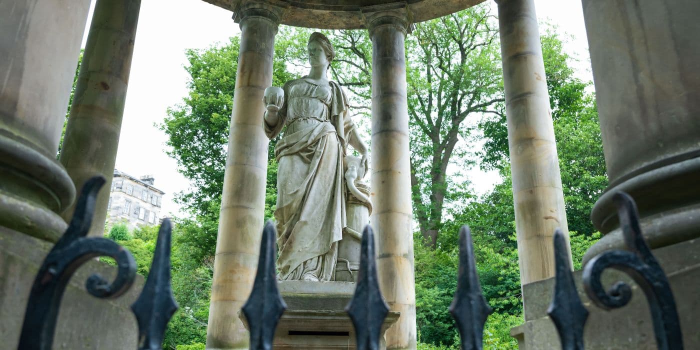 A statue of the Greek goddess Hygeia stands prominently in the centre of the monumemt called St Bernard's Well in Edinburgh.