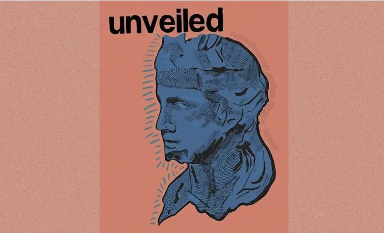 Drawing of a marble bust in blue and black on a  peach background