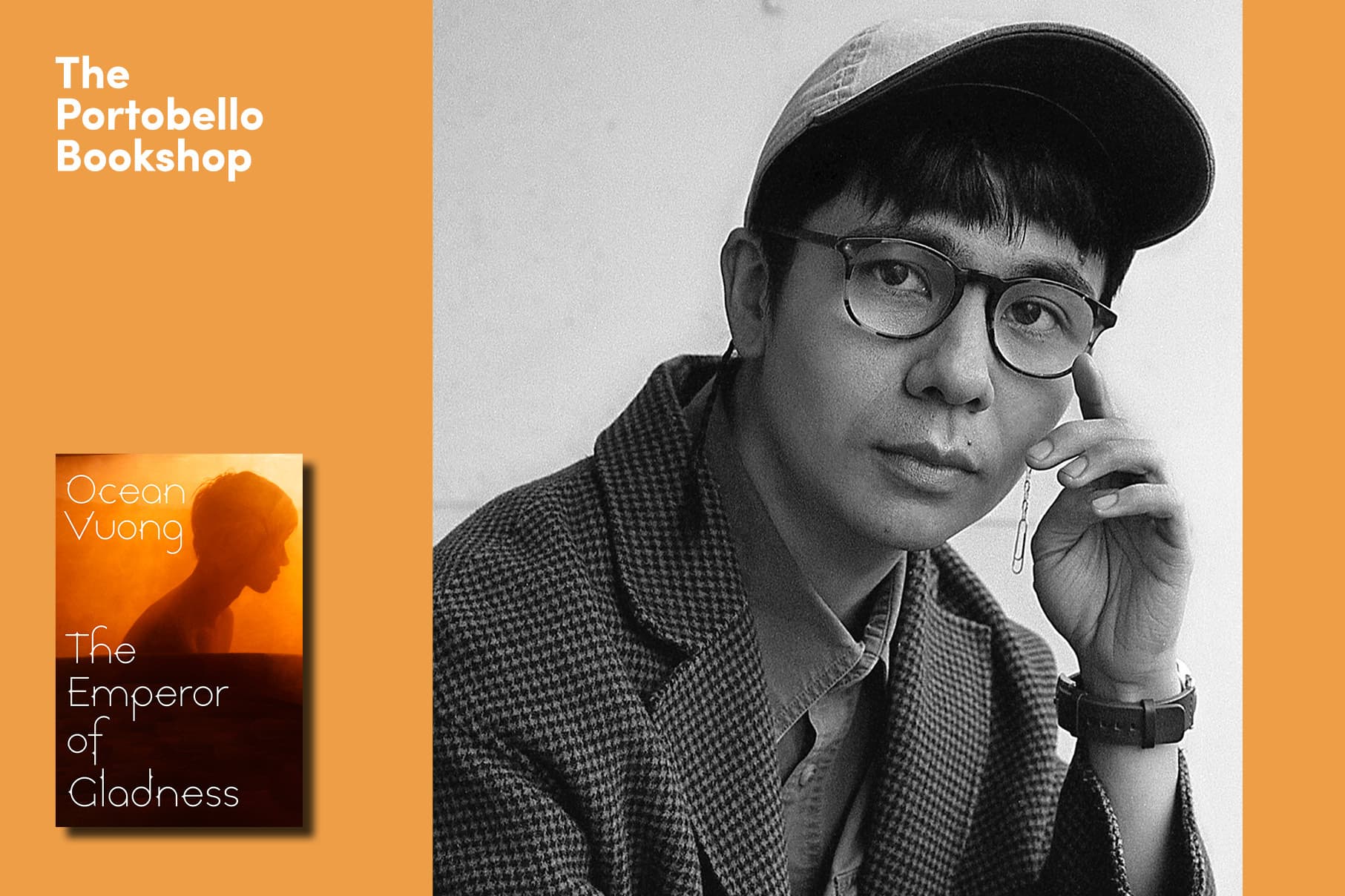 Blacka nd White photo of Ocean Vuong wearing baseball cap and coat.