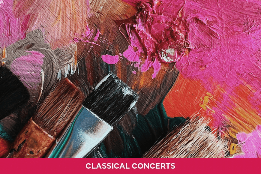 A Paint brush with multicoloured brush strokes on a canvas