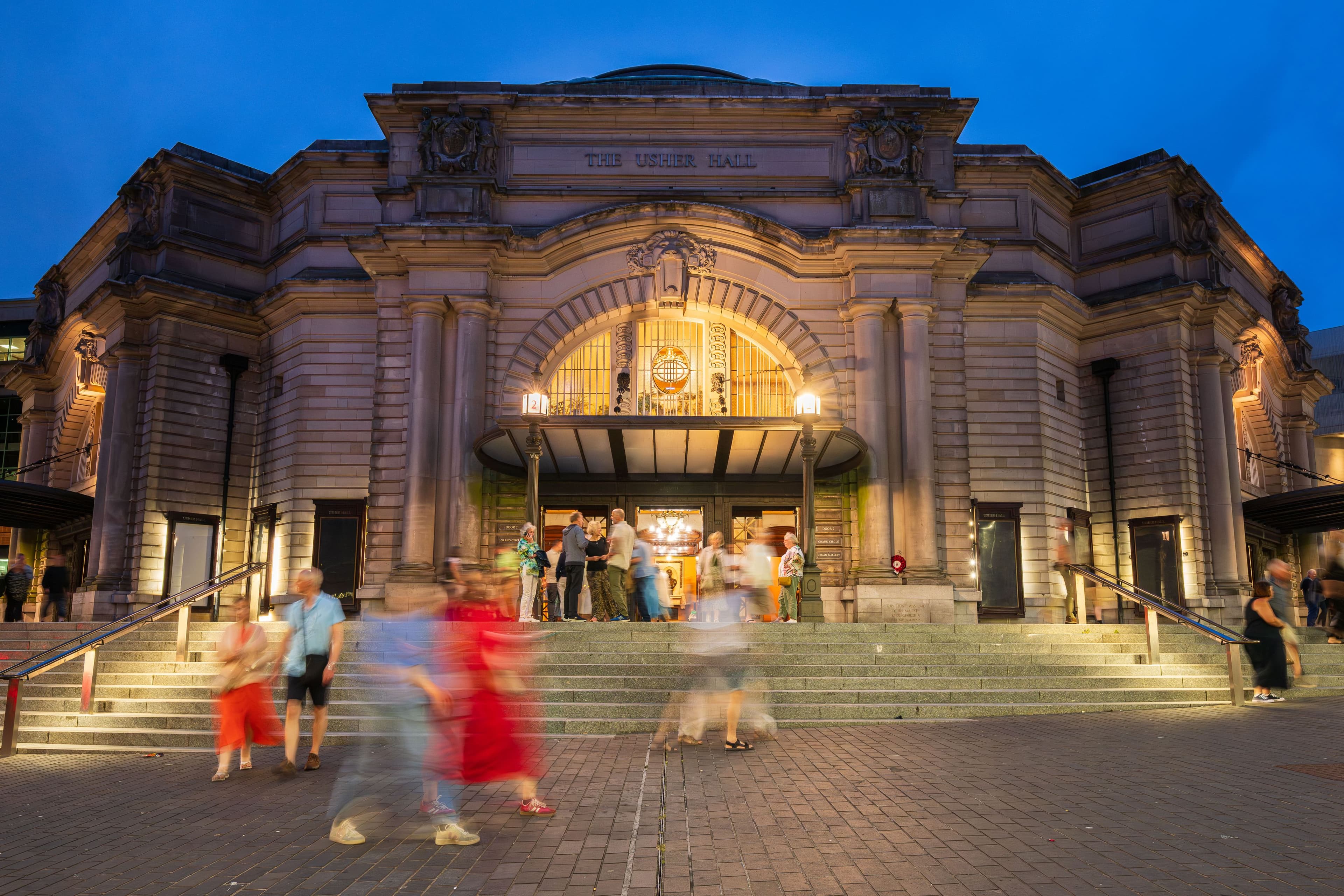 Usher hall entrance lit up at night