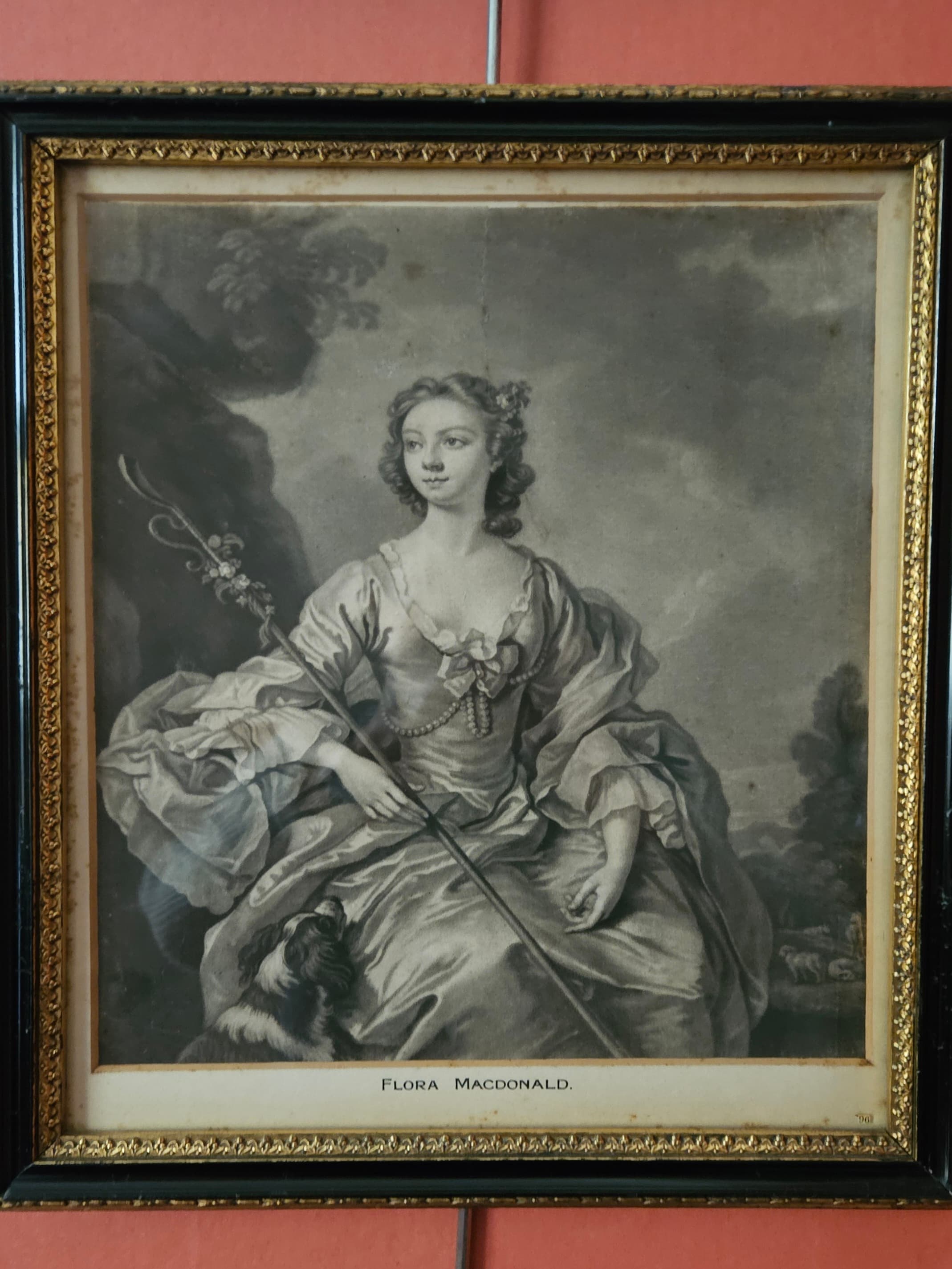 Painting of Flora McDonald waring elaborate off the should dress