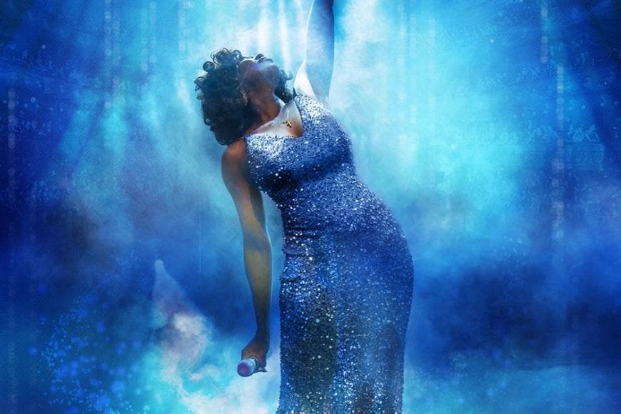 Whitney Tribute act in blue dress 