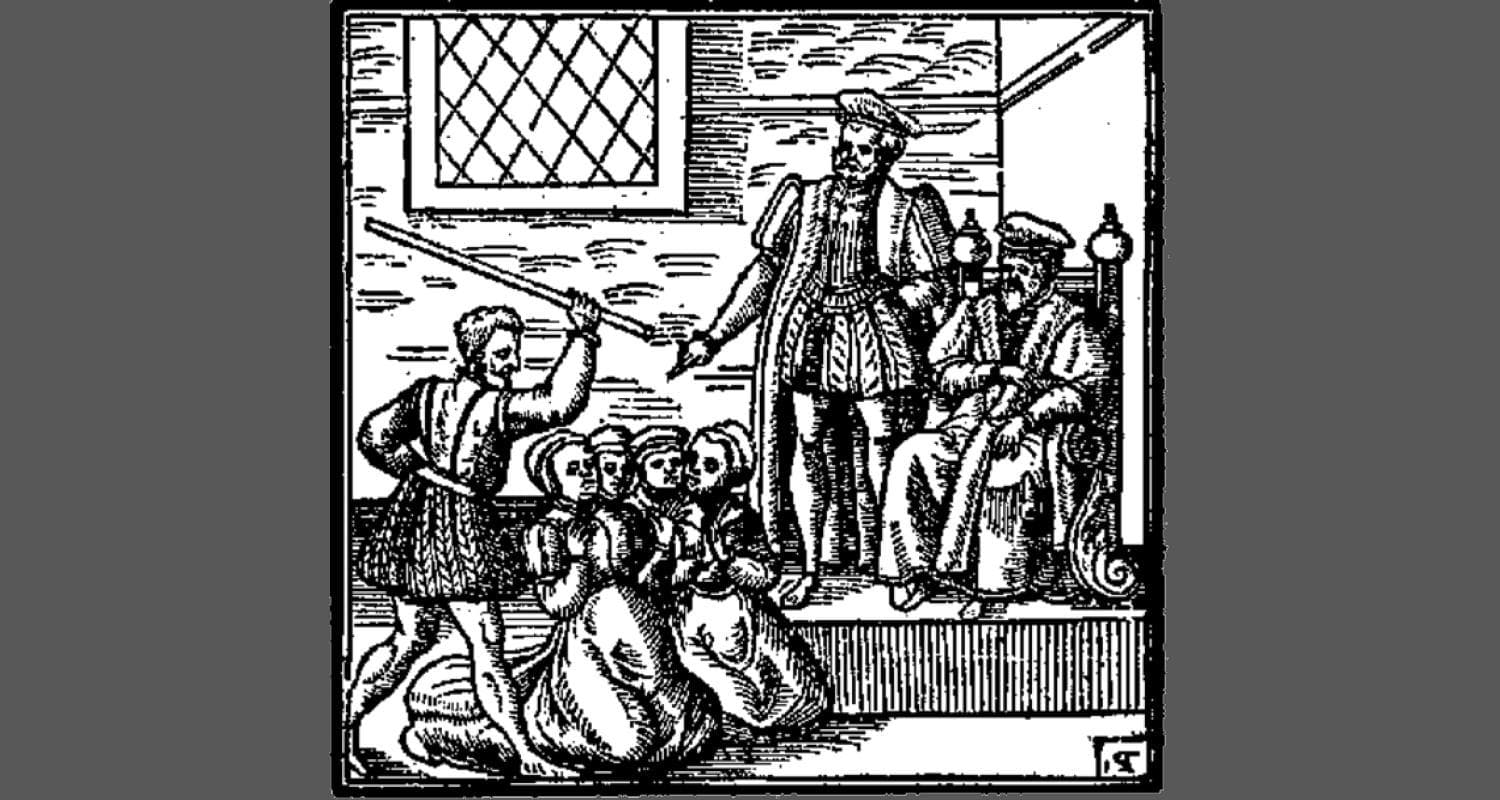 Illustration of a historical scene showing witch trials in Scotland