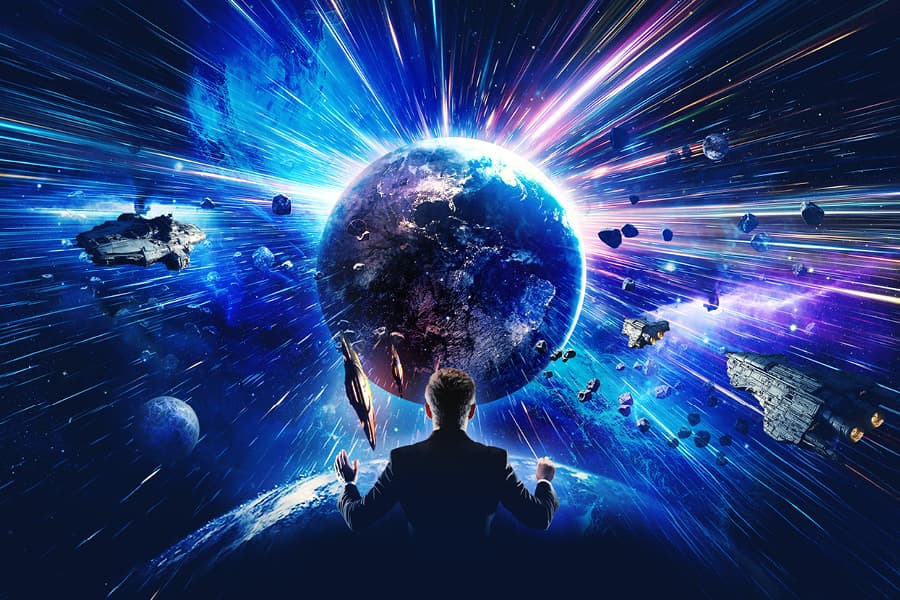 Image shows man facing outer space