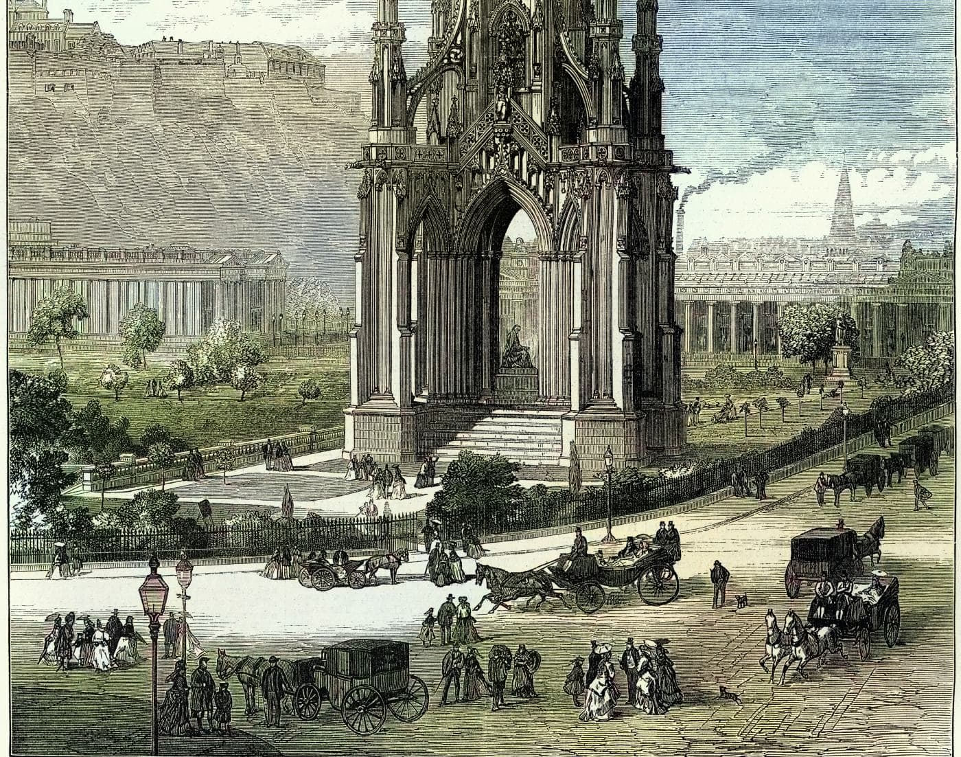 Vintage illustration of The Scott Monument in Princes Street Gardens in Edinburgh. 